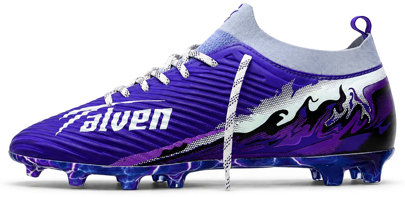 The Talven football boot in development: a purple upper with ribbed texture, white Talven branding, a knitted collar and a marbled purple outsole.